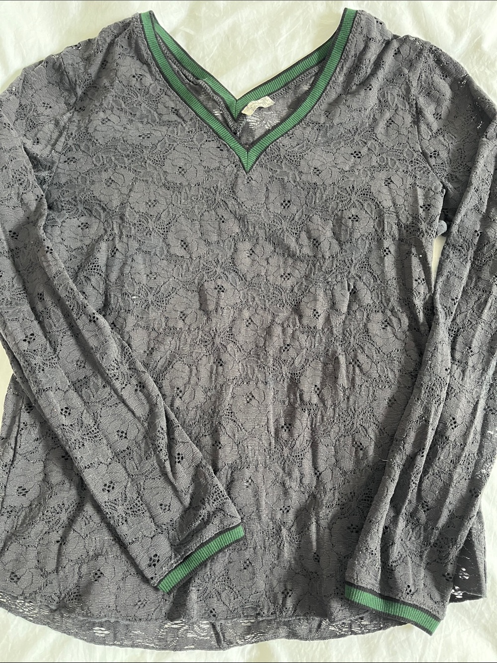 gray sheer lace long-sleeve V-neck layering top green striped trim intimately FP